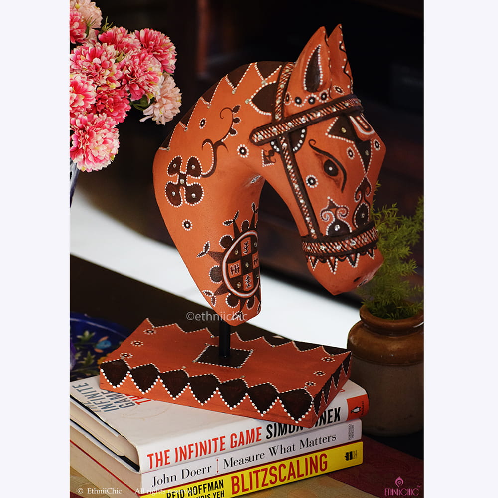 Hand Painted Wooden Horse Head on stand - Khavda image 2