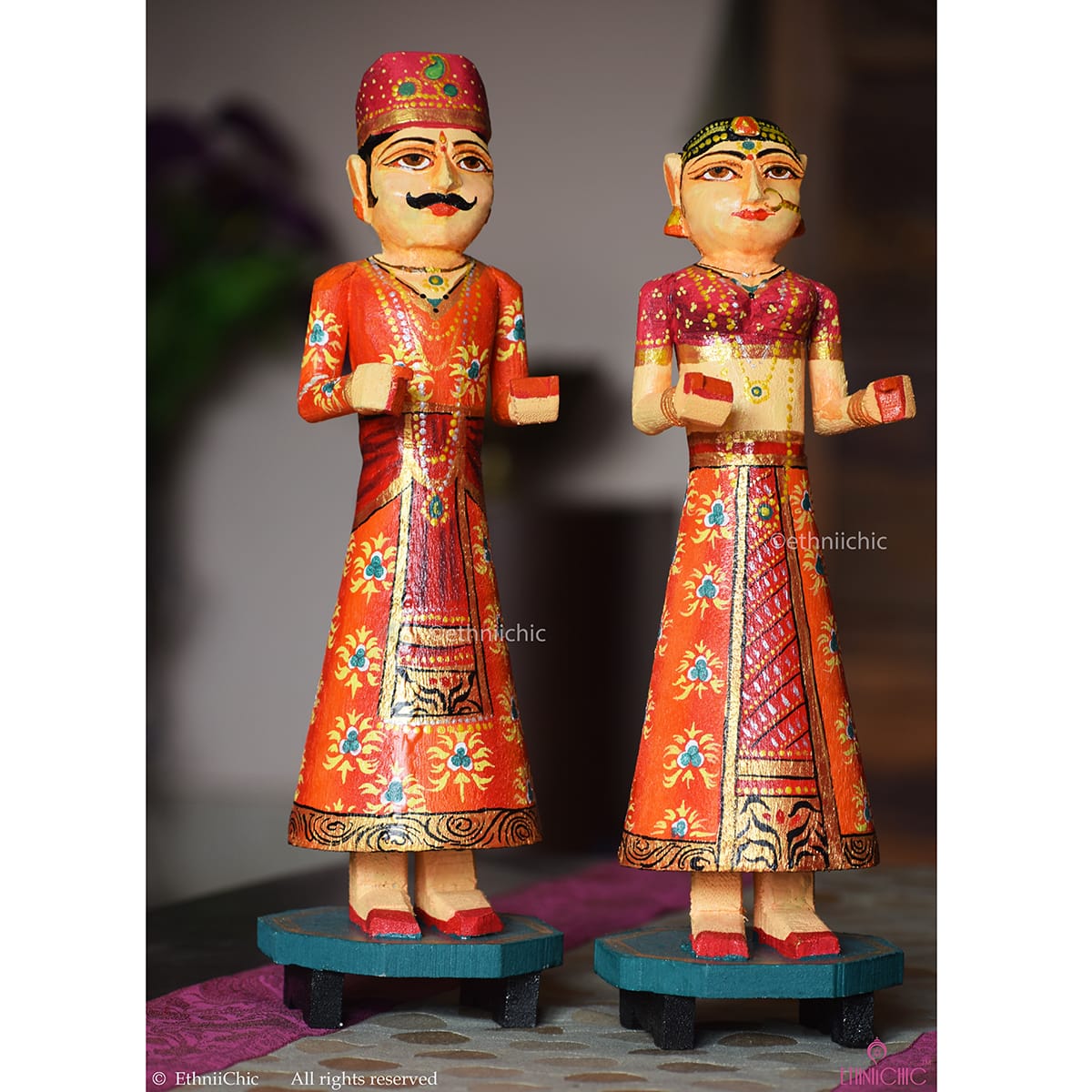 Wooden Gangaur Dolls 12"- Orange & Pink image 1