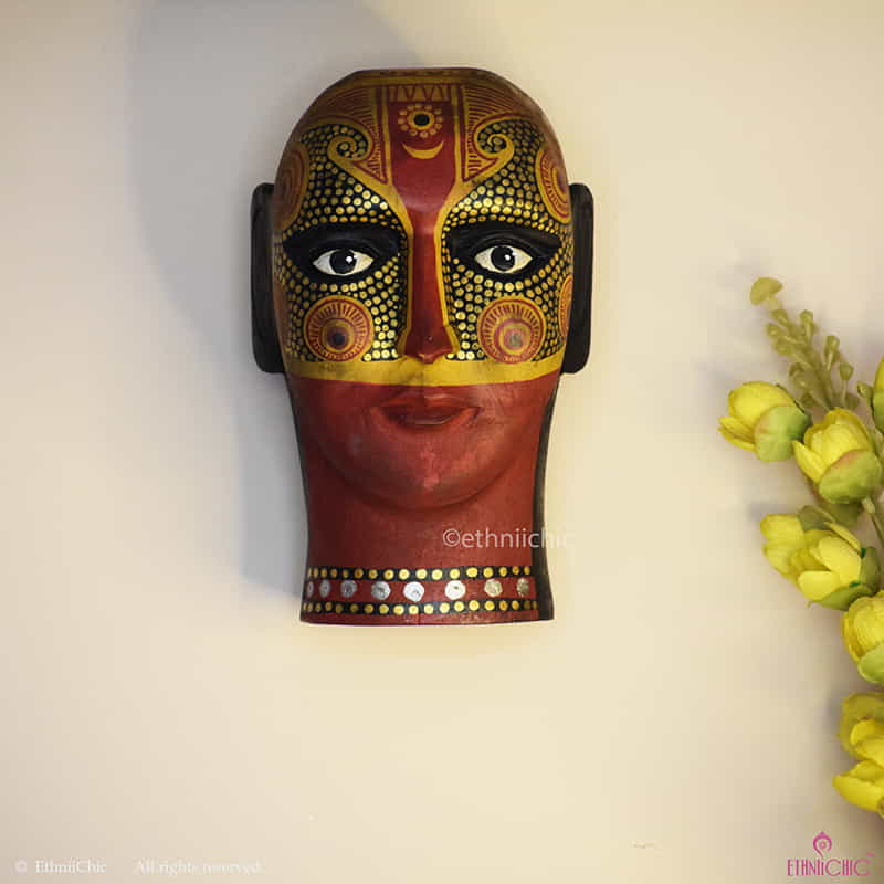Handpainted Wall Mounting Wooden Theyyam Head - 8" image 1