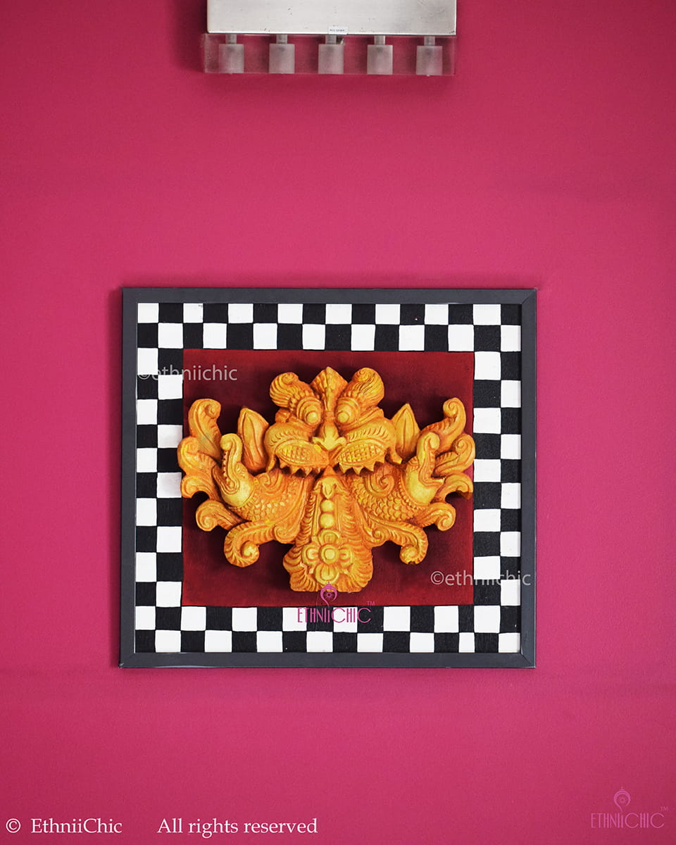 Handcarved Keerthimukha in Frame - Orange