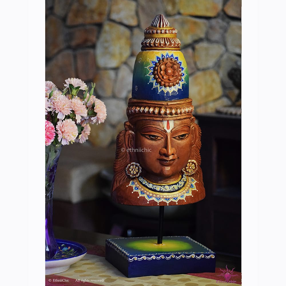 Wooden Hand Painted Vishnu Head on stand - 20" image 0