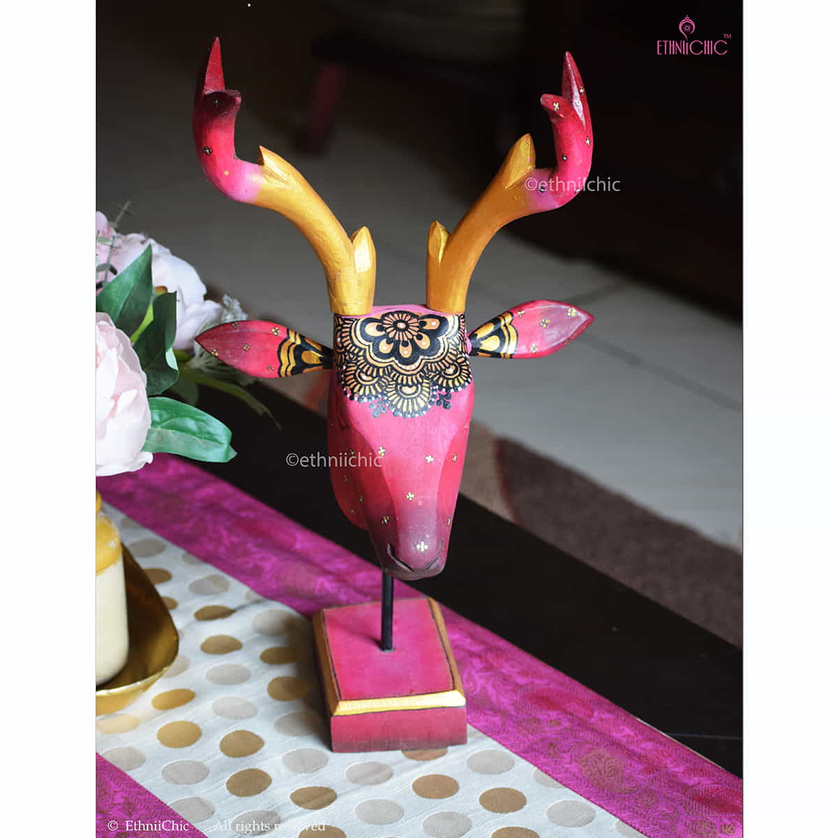 Hand Painted Wooden Deer Head on stand image 1