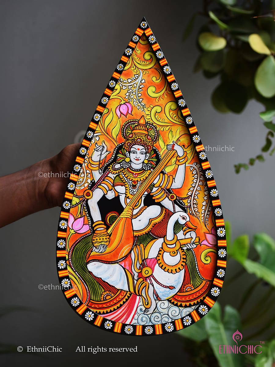 Handpainted Kerala Mural Saraswathi Wooden Wall Plaque 15"