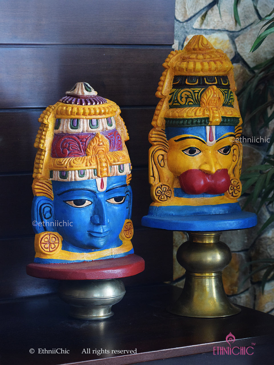 Wooden Hand Painted Ram & Hanuman Heads - 12" (Set of 2)