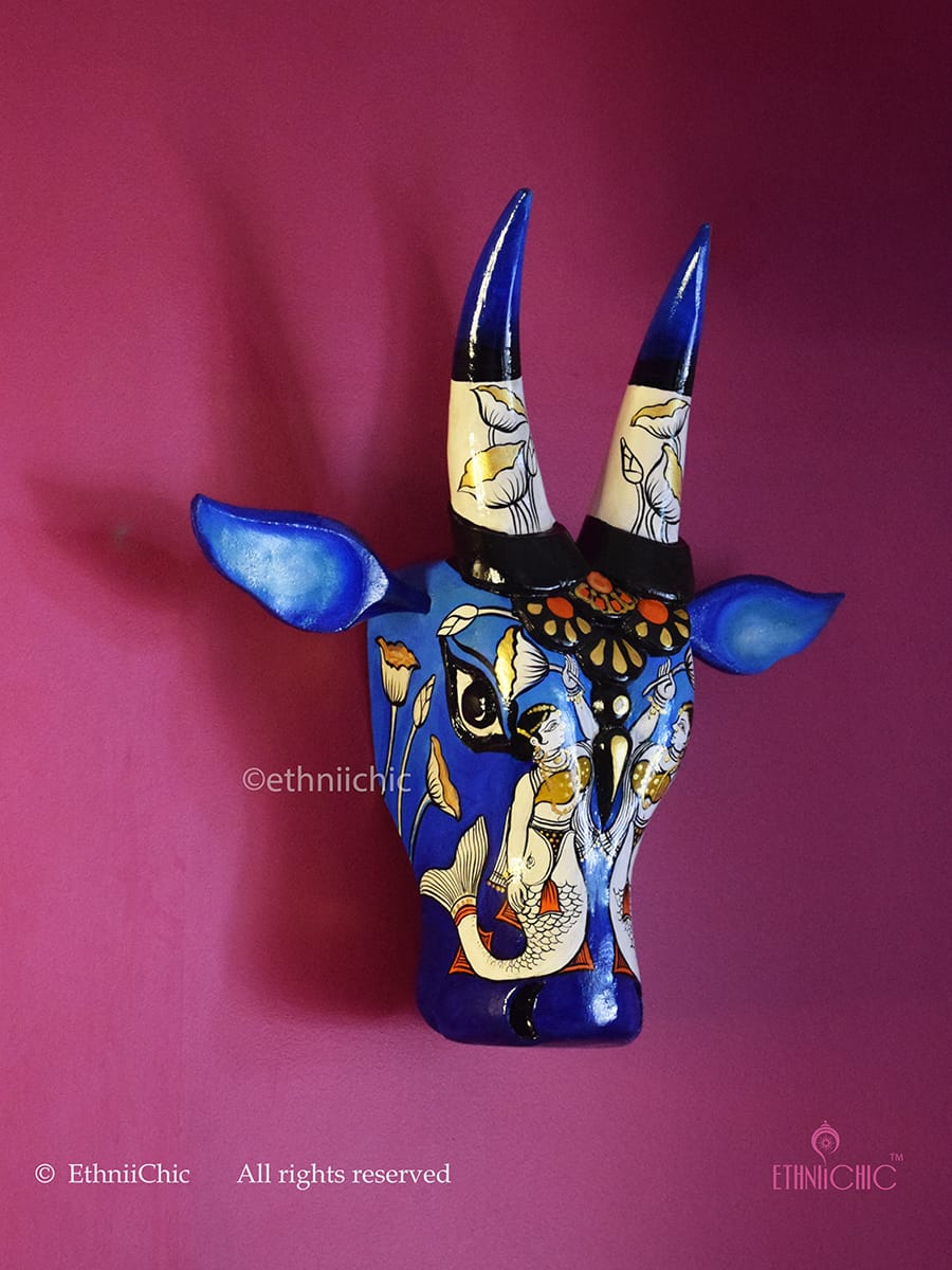 15" Hand-painted Wooden Cow Head in Blue