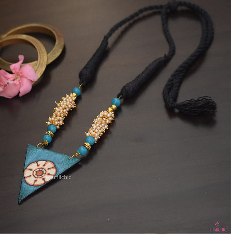 Hand Painted Kerala Mural Blue Color Floral Necklace image 0