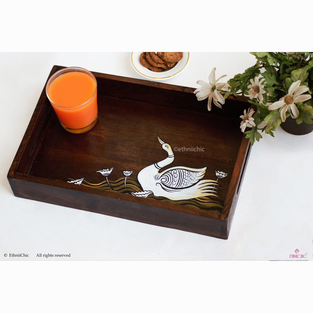 Hand Painted Swan Solid Wood Serving Tray image 1