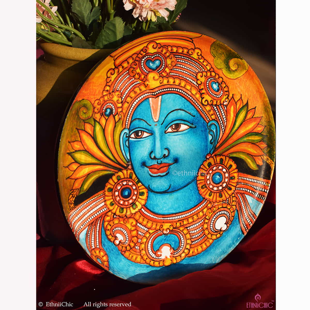 Hand painted Krishna Kerala Mural Wall Plate - 10" image 2