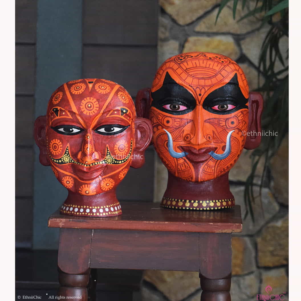 Handpainted Wooden Theyyam Heads Set -10" & 8" image 3