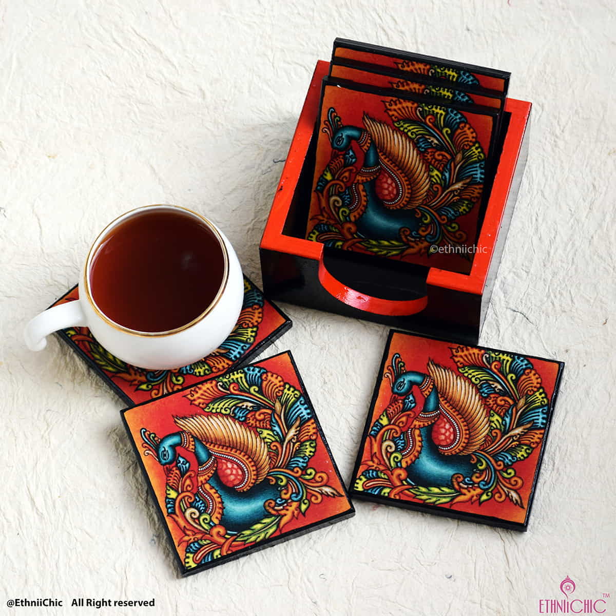 Wooden Tea Coasters - Kerala Mural Peacock image 0