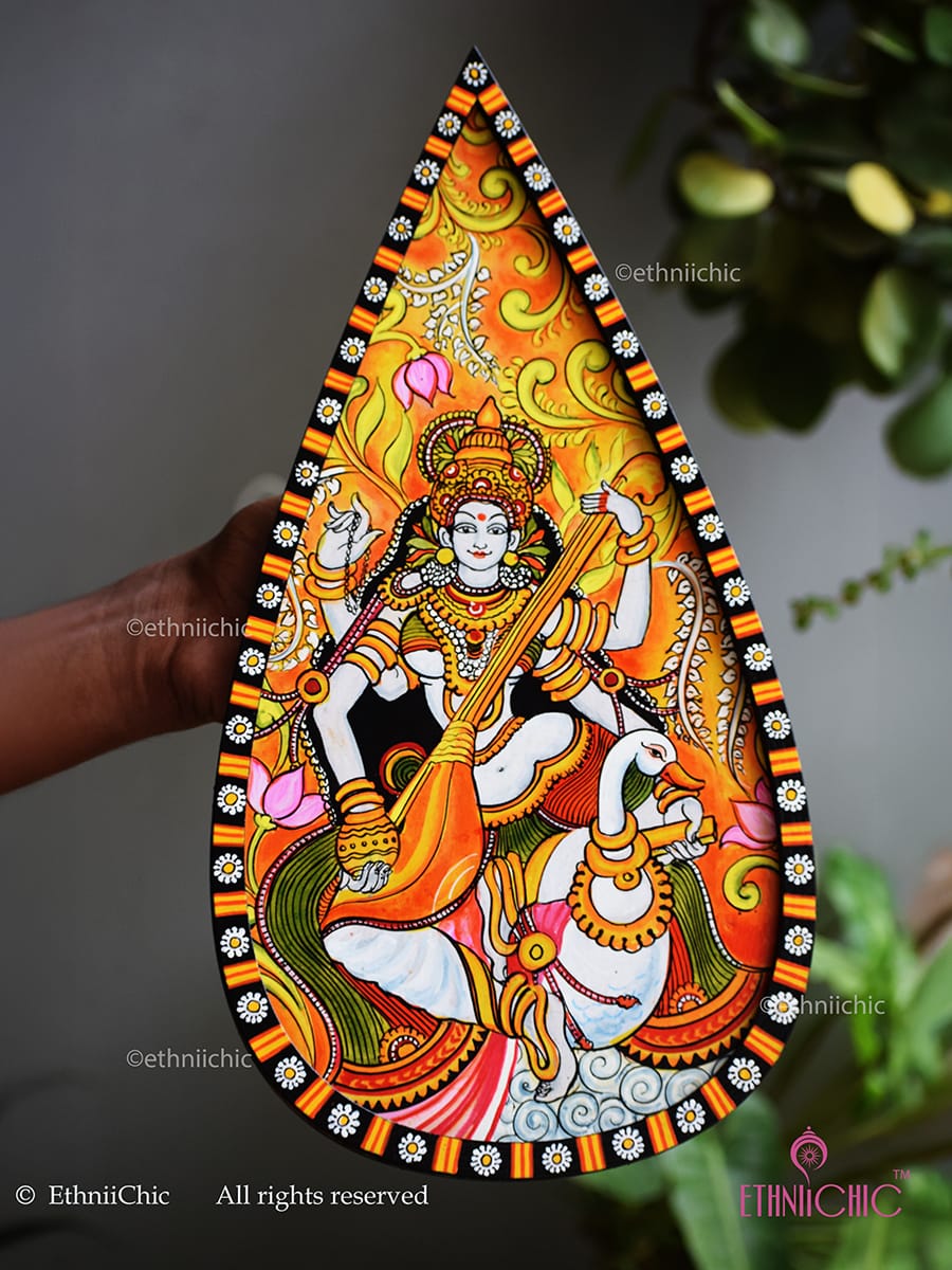 Handpainted Kerala Mural Saraswathi Wooden Wall Plaque 15"