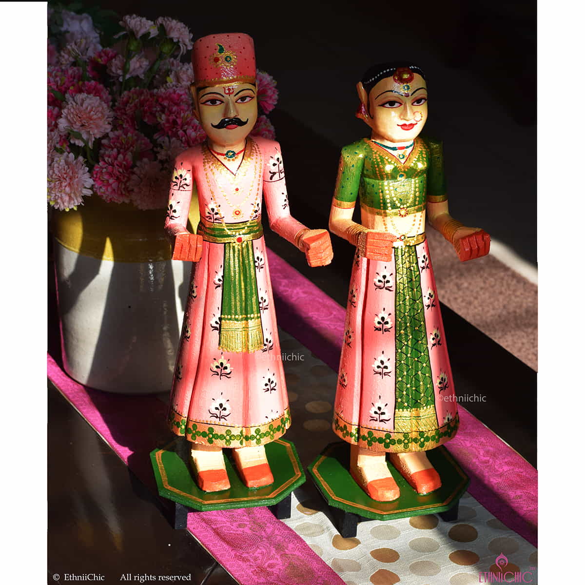 Wooden Gangaur Dolls 18"- Peach & Olive Green image 2
