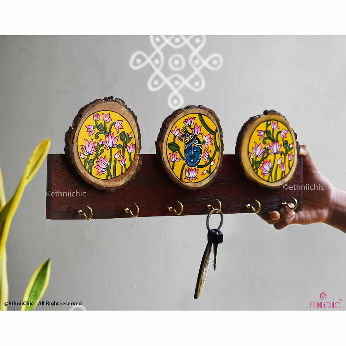 Pichwai Key Holder | Hand-Painted Wooden Wall Key Rack | EthniiChic