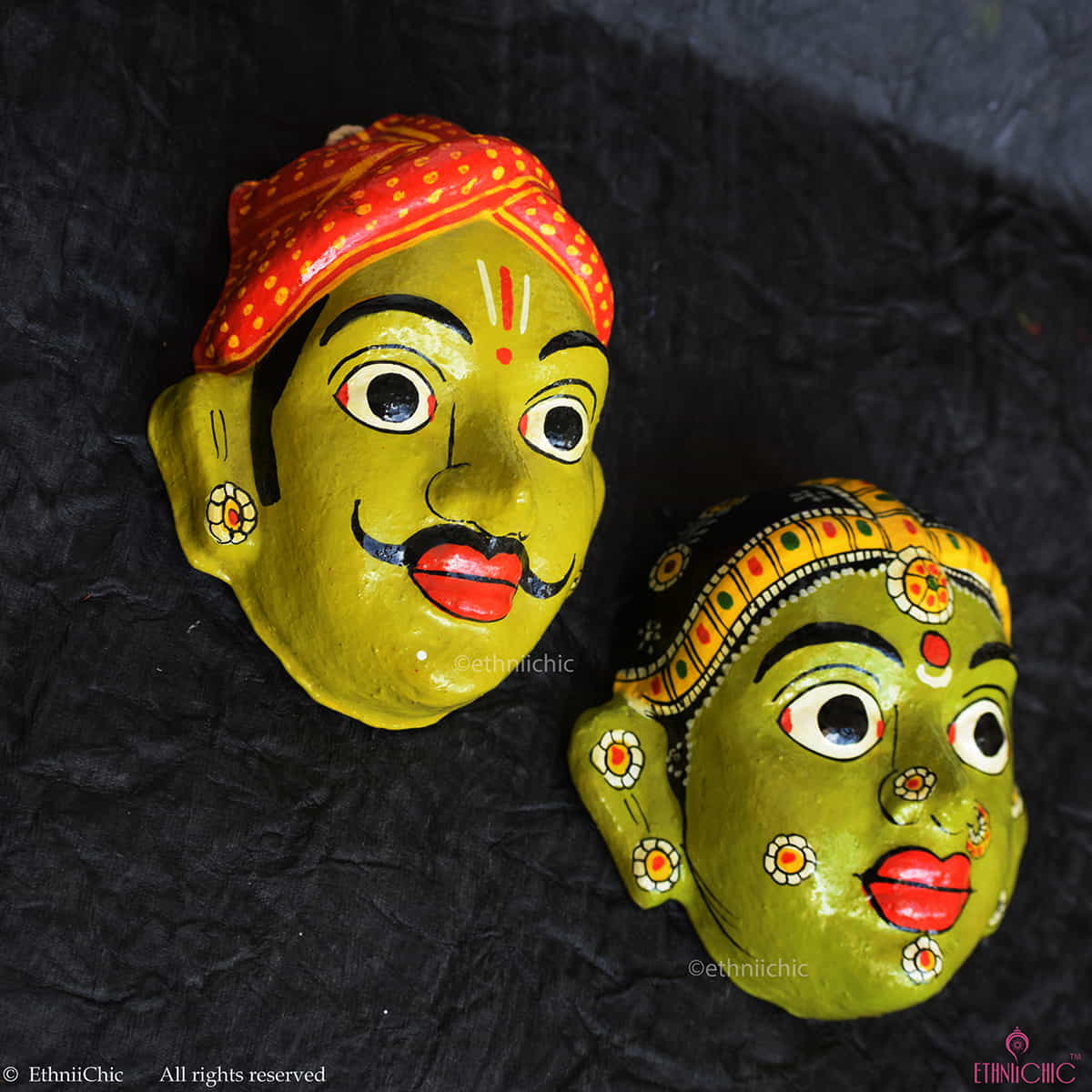 Handmade Olive Green Cheriyal Mask - Wall Decor image 1