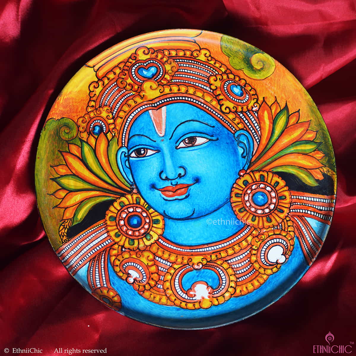Hand painted Krishna Kerala Mural Wall Plate - 10" image 0