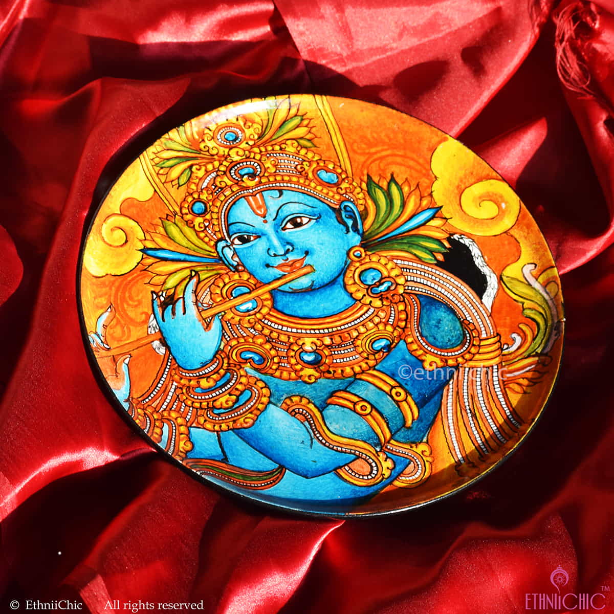 Handpainted Wooden Krishna Kerala Mural Wall Plate - 10" image 2