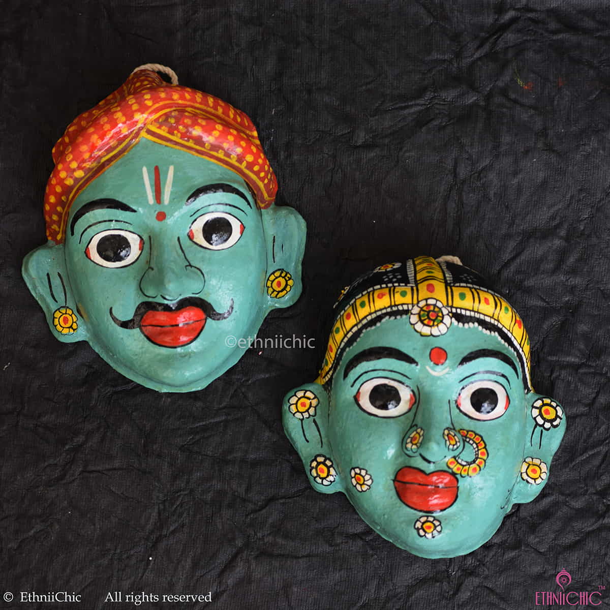 Handmade Teal Cheriyal Mask - Wall Decor image 0