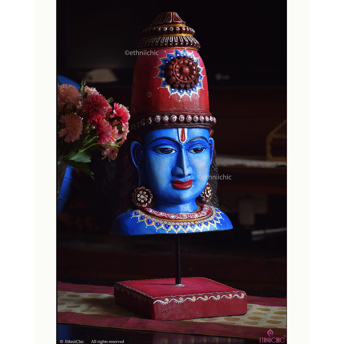 Wooden Hand Painted Blue Vishnu Head on stand - 20" image 1