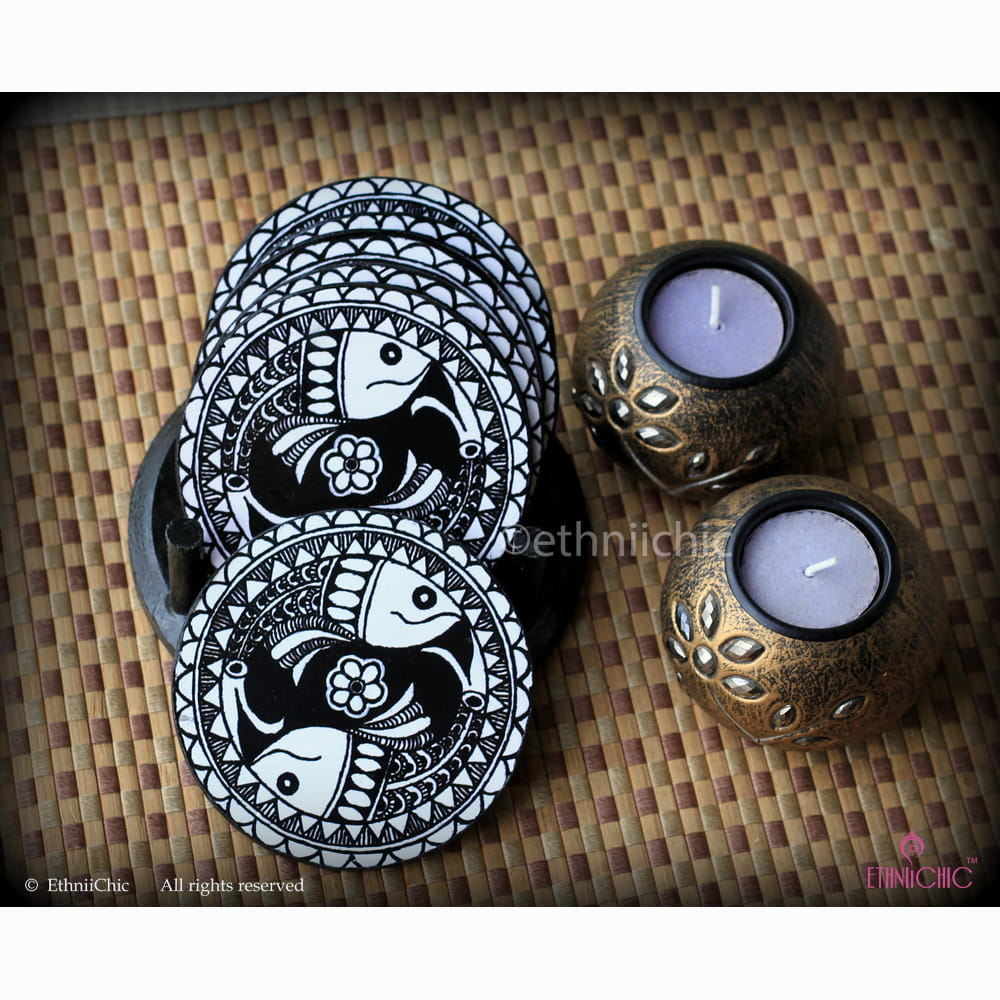 Coasters - Round - Madhubani Fish B and W image 0