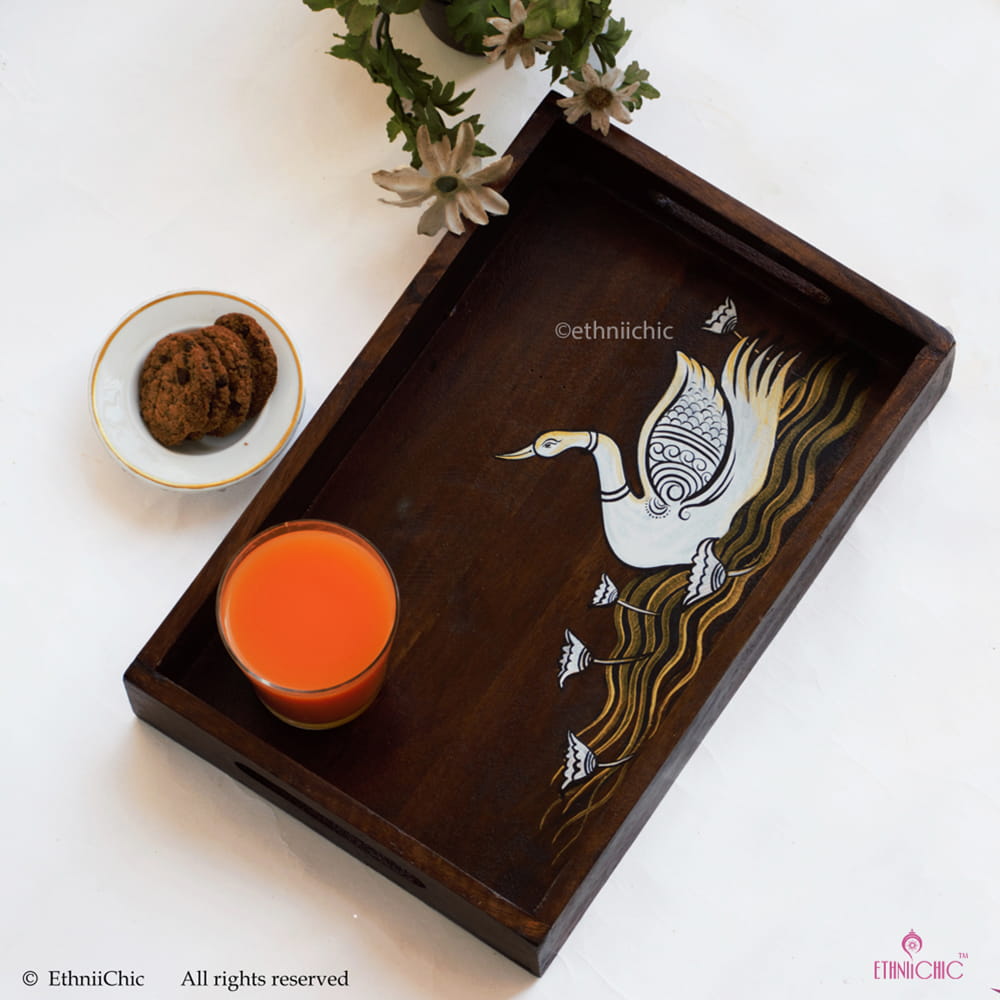 Hand Painted Swan Solid Wood Serving Tray image 0