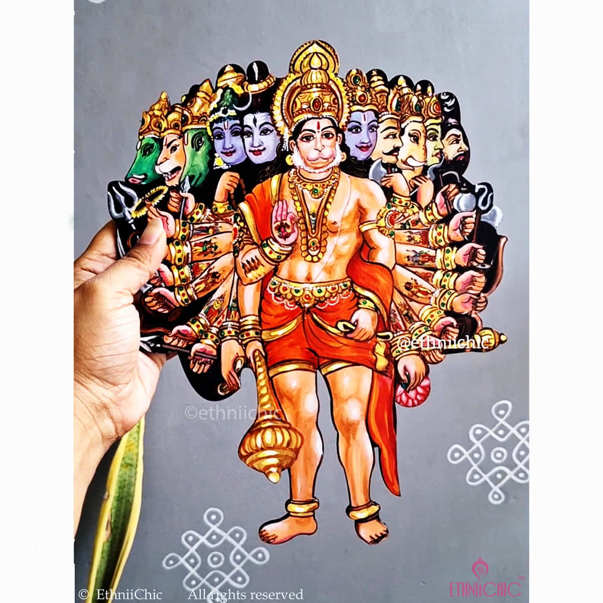 Wooden Cut-out of Hand Painted EkadashMukhi Hanuman image 0