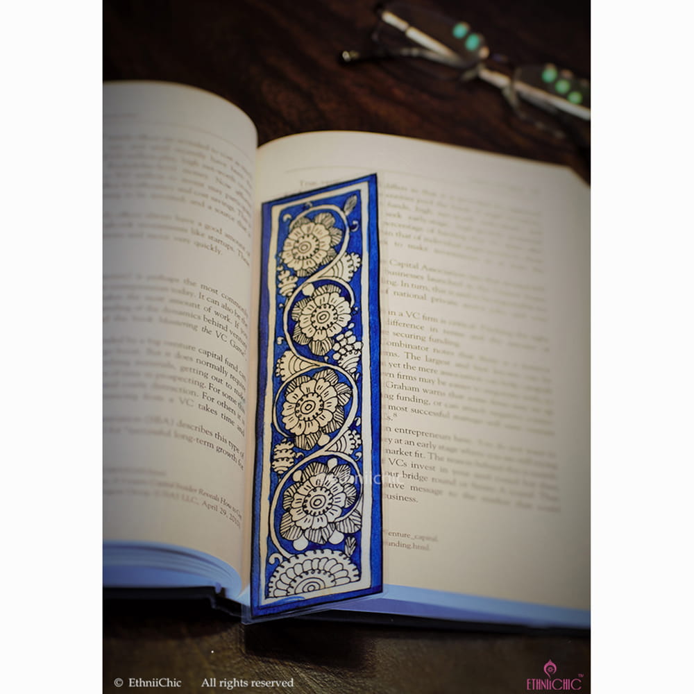 Hand painted Tholu Bommalatha Blue Floral Bookmark image 0