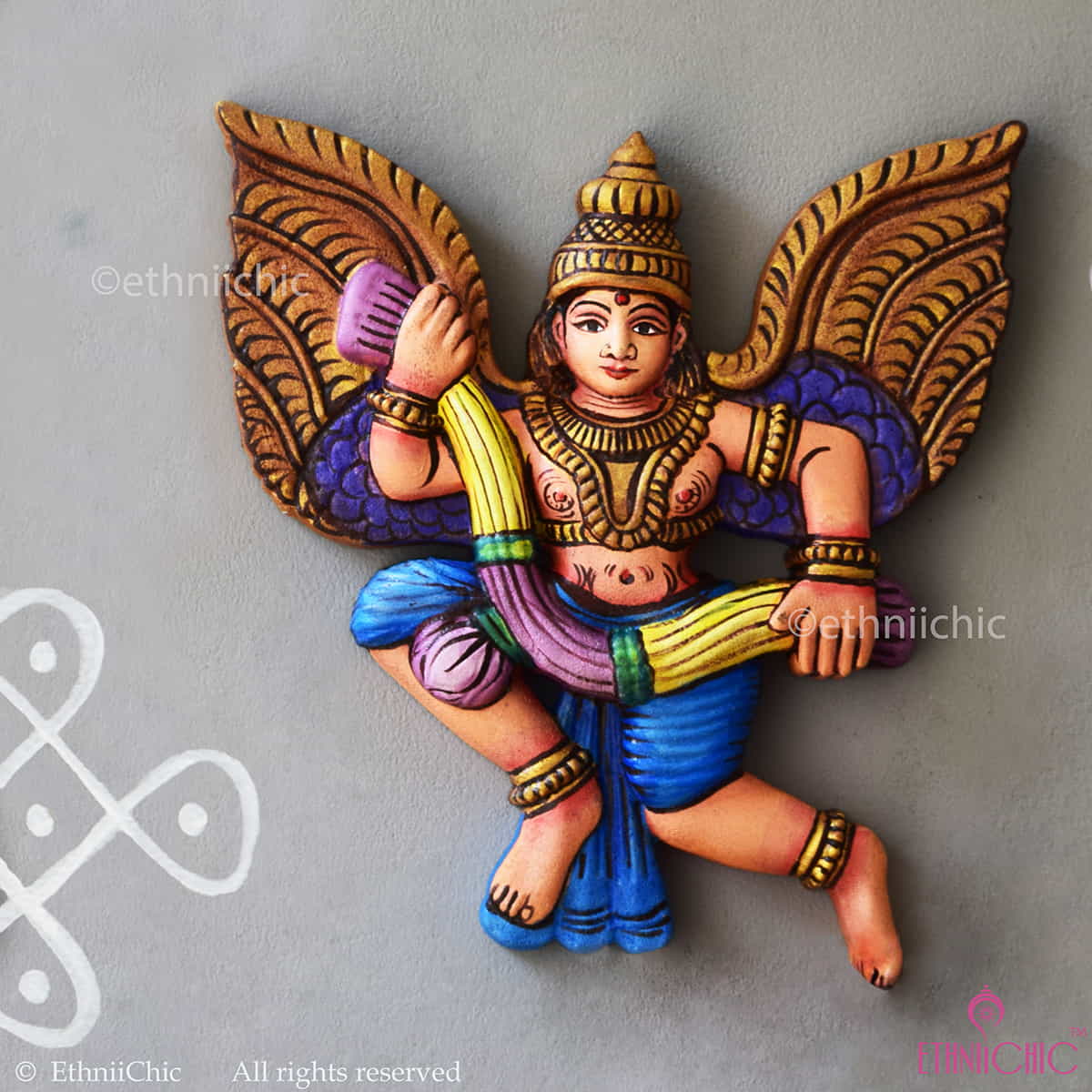 Wooden Handcarved Hand Painted Gandharva with Garland - Right image