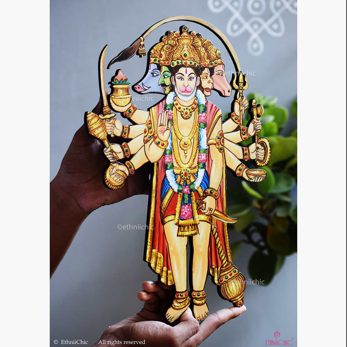Wooden Cut-out of Hand Painted Panchamukhi Hanuman image 1