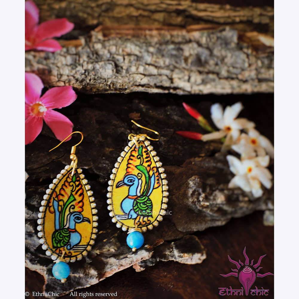 Hand painted Earrings- Mural Peacock Motif image 0