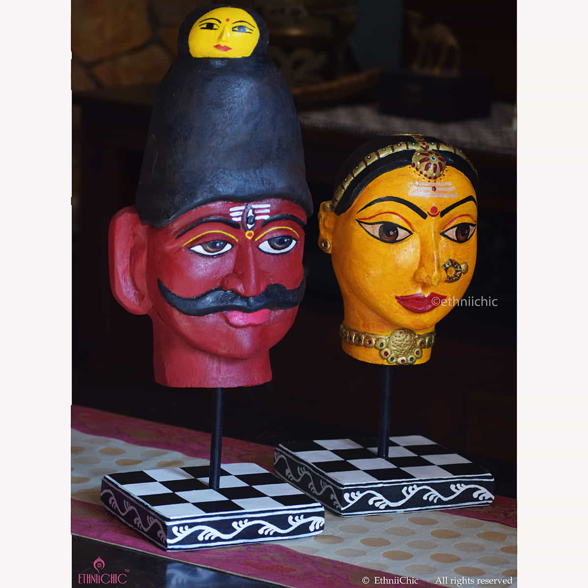 Wooden Hand Painted Shiva & Gauri Head on stand - Set of 2 heads image 0