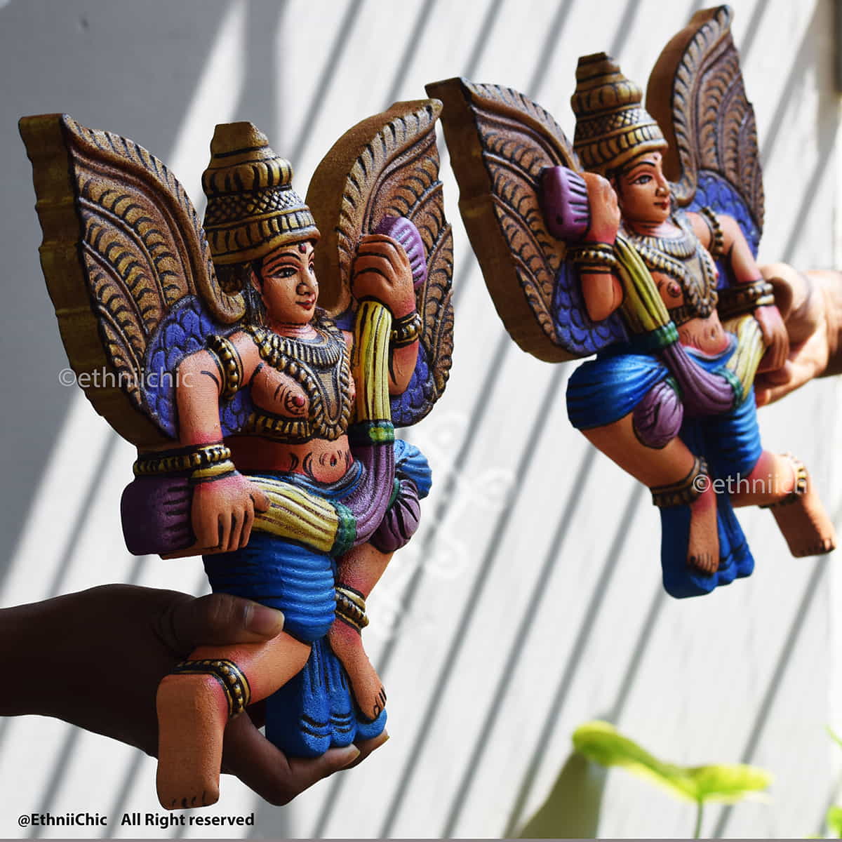 Wooden Handcarved Hand Painted Gandharva with Garland image 2