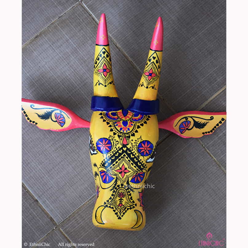 15" Handpainted Wooden Cow Head in yellow ochre image 0
