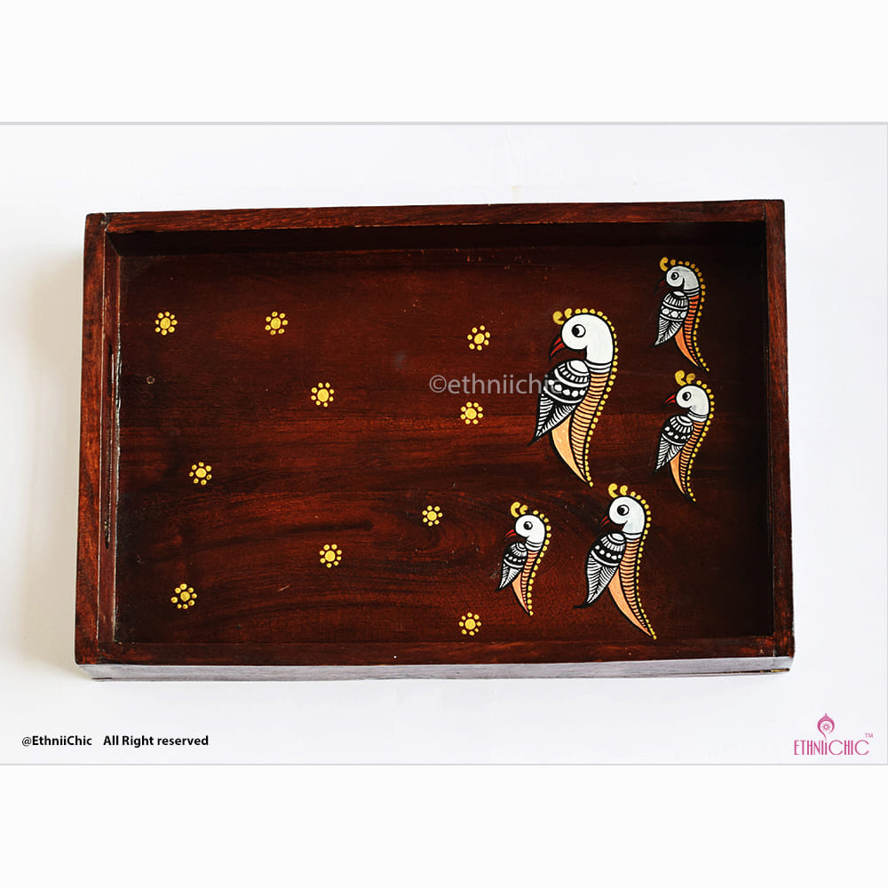 Hand Painted Parrots Solid Wood Serving Tray image 1