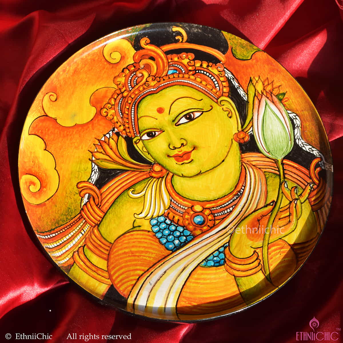 Hand painted Wooden Apsara Kerala Mural Wall Plate A - 10" image 1