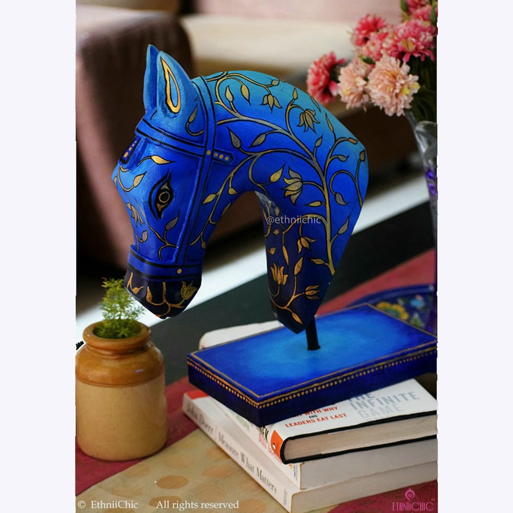 Hand Painted Wooden Horse Head on stand - Blue image 1