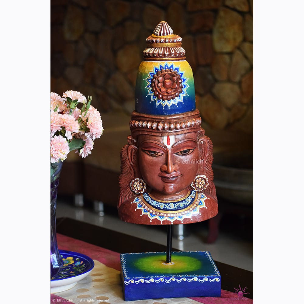 Wooden Hand Painted Vishnu Head on stand - 20" image 2