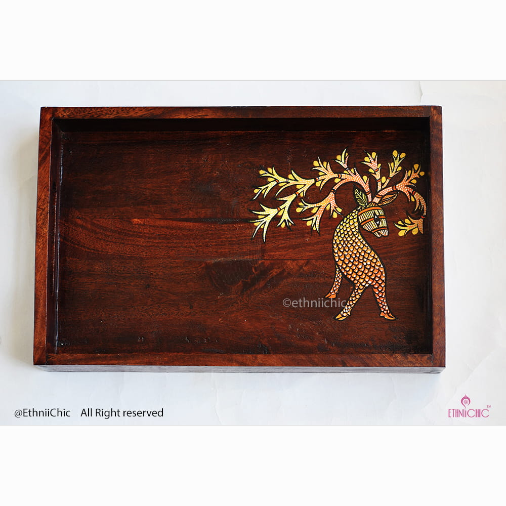 Hand Painted Deer Solid Wood Serving Tray image 1