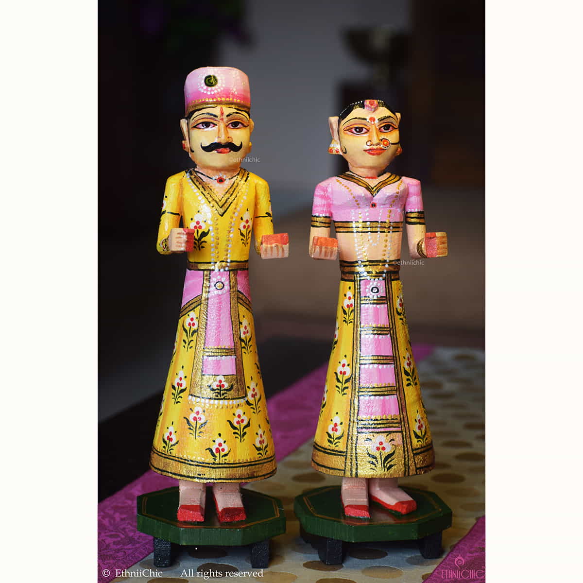 Wooden Gangaur Dolls 12" - Yellow and Pink image 0