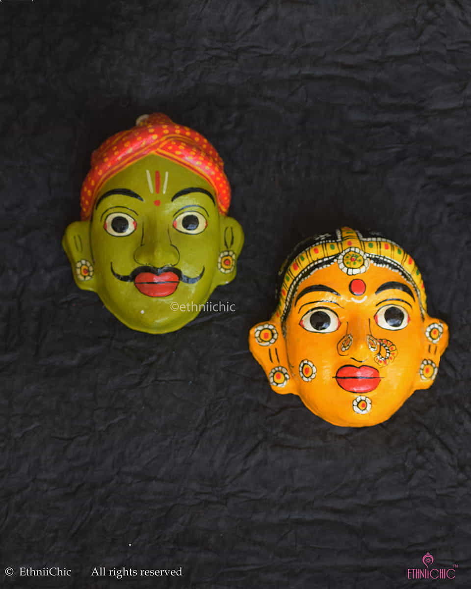 Handmade Yellow & Olive Green Cheriyal Mask - Wall Decor image 0
