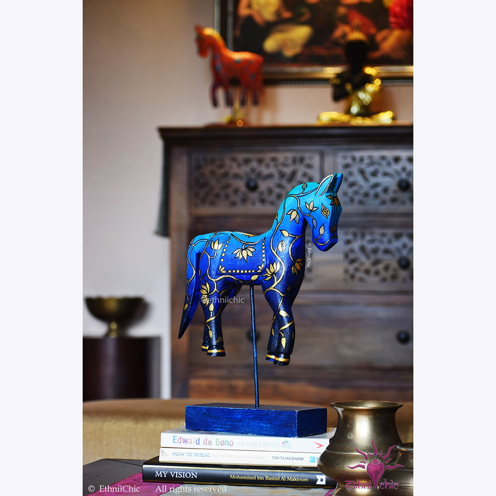Hand Painted Wooden Horse on stand - Blue image 0