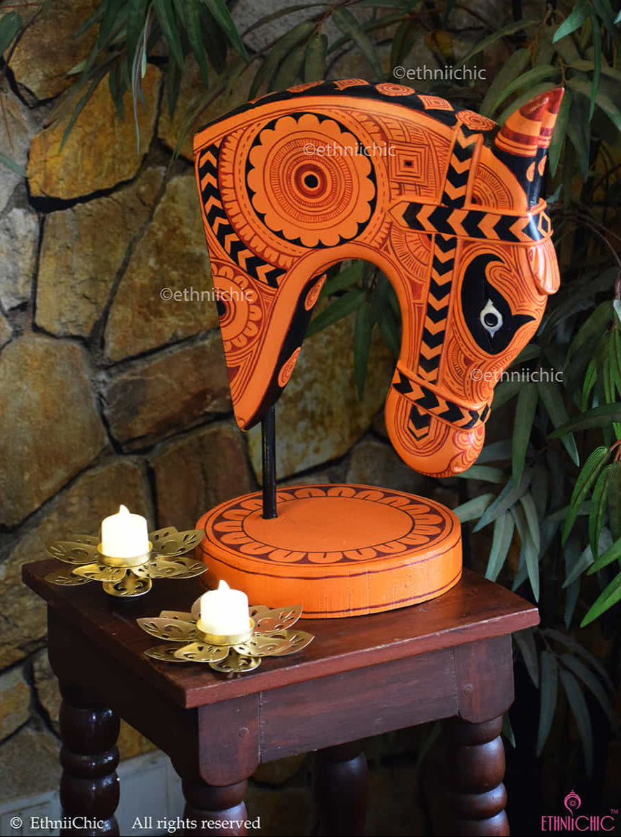Hand Painted Wooden Horse Head on stand - Theyyam Design image 0