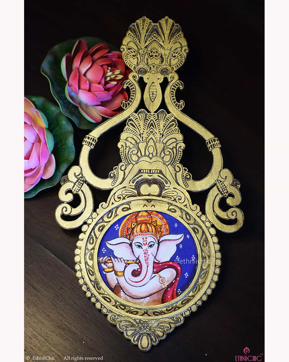 Wooden Aranmula Wall Frame- Ganesha with Flute image 0