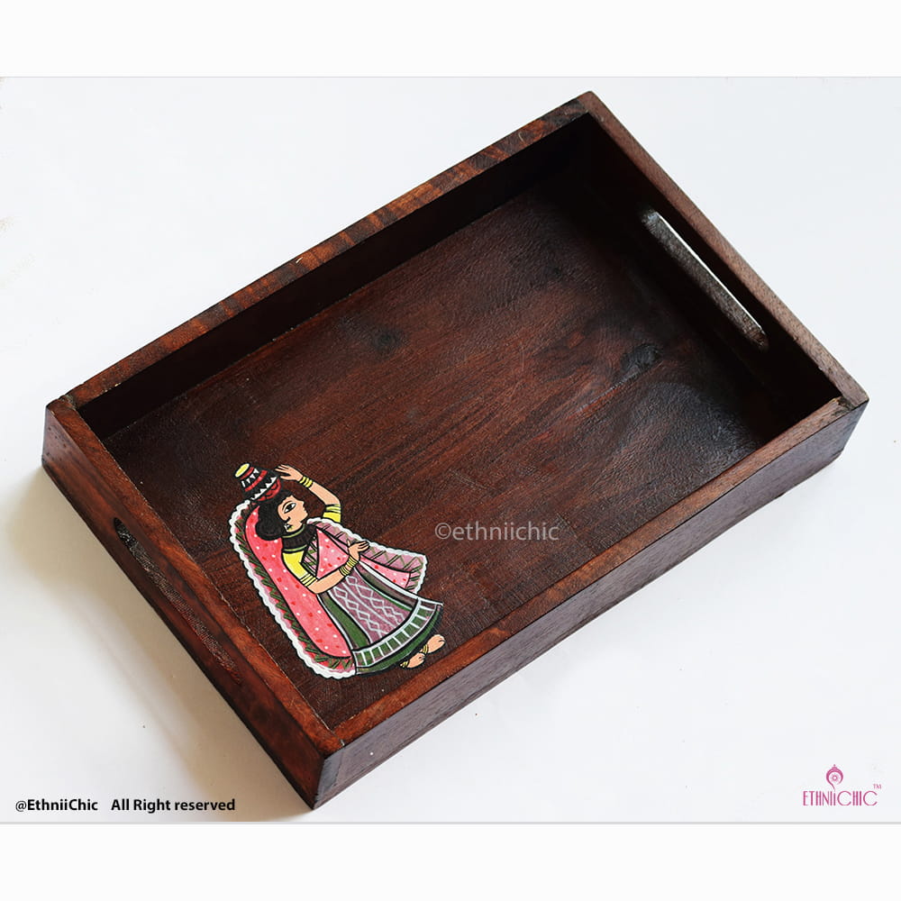 Hand painted Madhubani Lady Solid Wood Serving Tray image 3