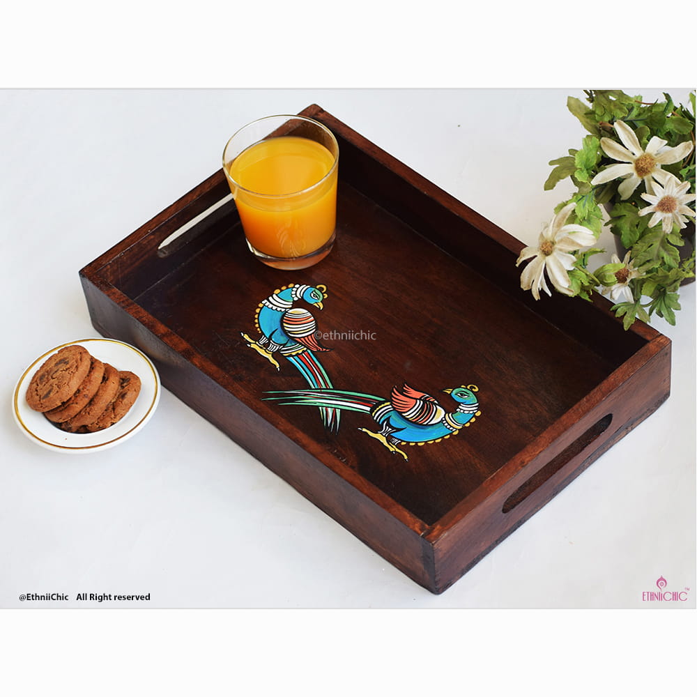 Hand painted Peacocks Solid Wood Serving Tray image 3