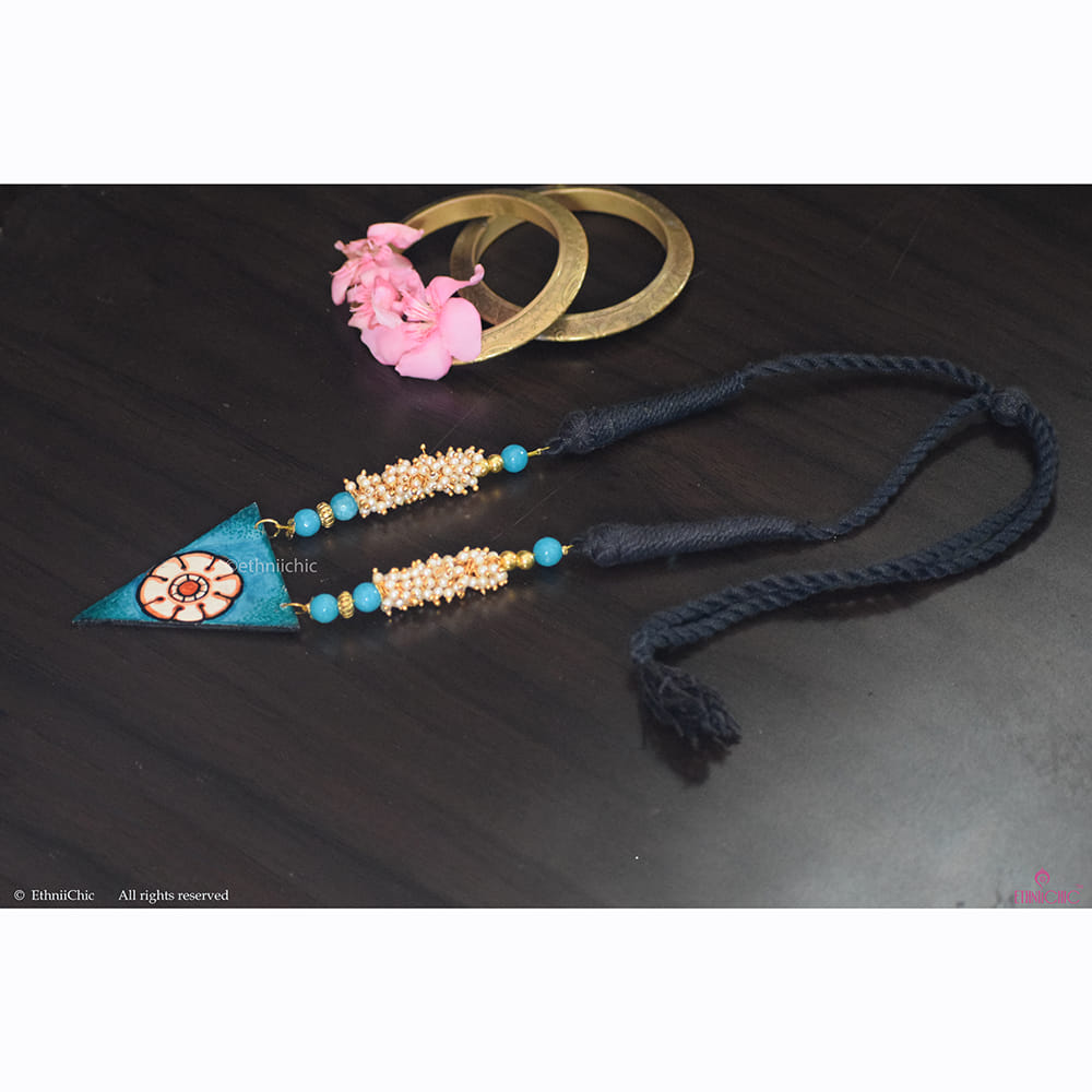 Hand Painted Kerala Mural Blue Color Floral Necklace image 1