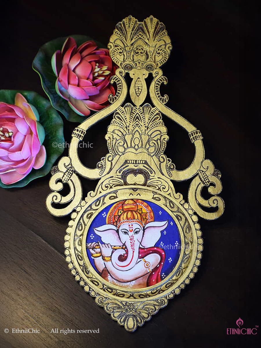 Wooden Aranmula Wall Frame- Ganesha with Flute