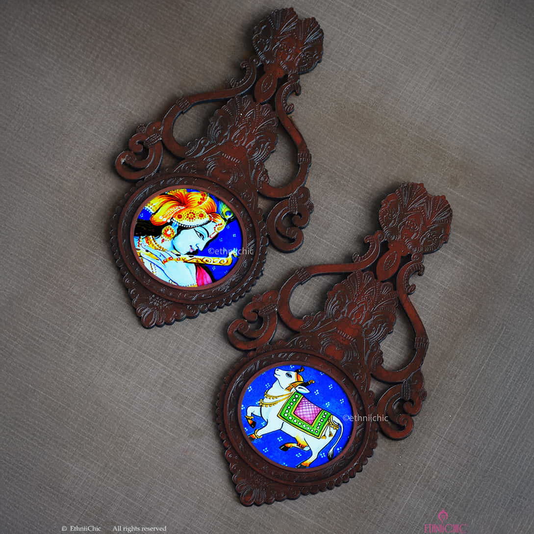 Wooden Aranmula Wall Frames - Krishna and Cow  (Set of 2 frames)
