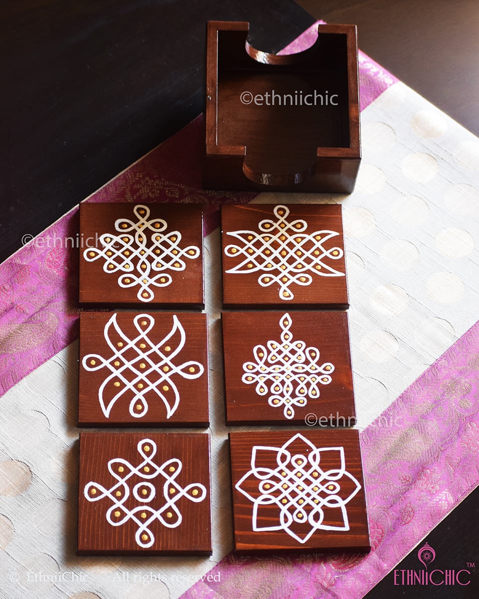 Hand-Painted Wooden Tea Coasters – Kolam Art Brown