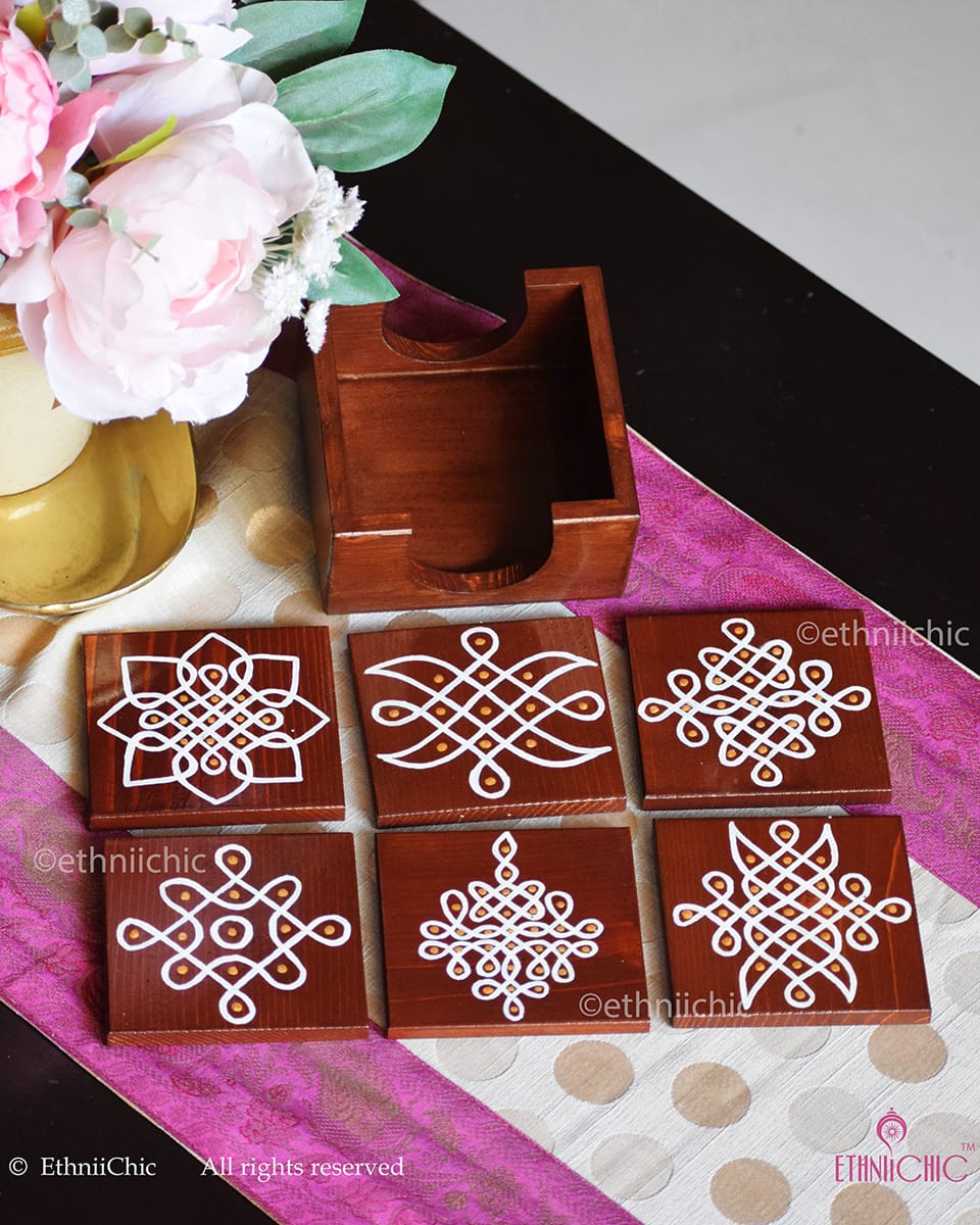 Hand-Painted Wooden Tea Coasters – Kolam Art Brown
