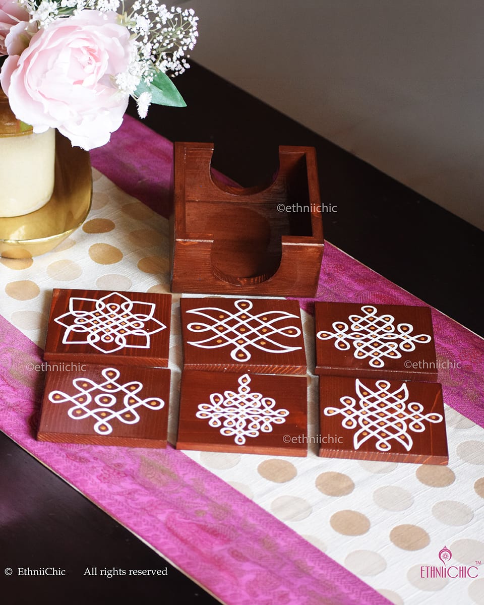 Hand-Painted Wooden Tea Coasters – Kolam Art Brown